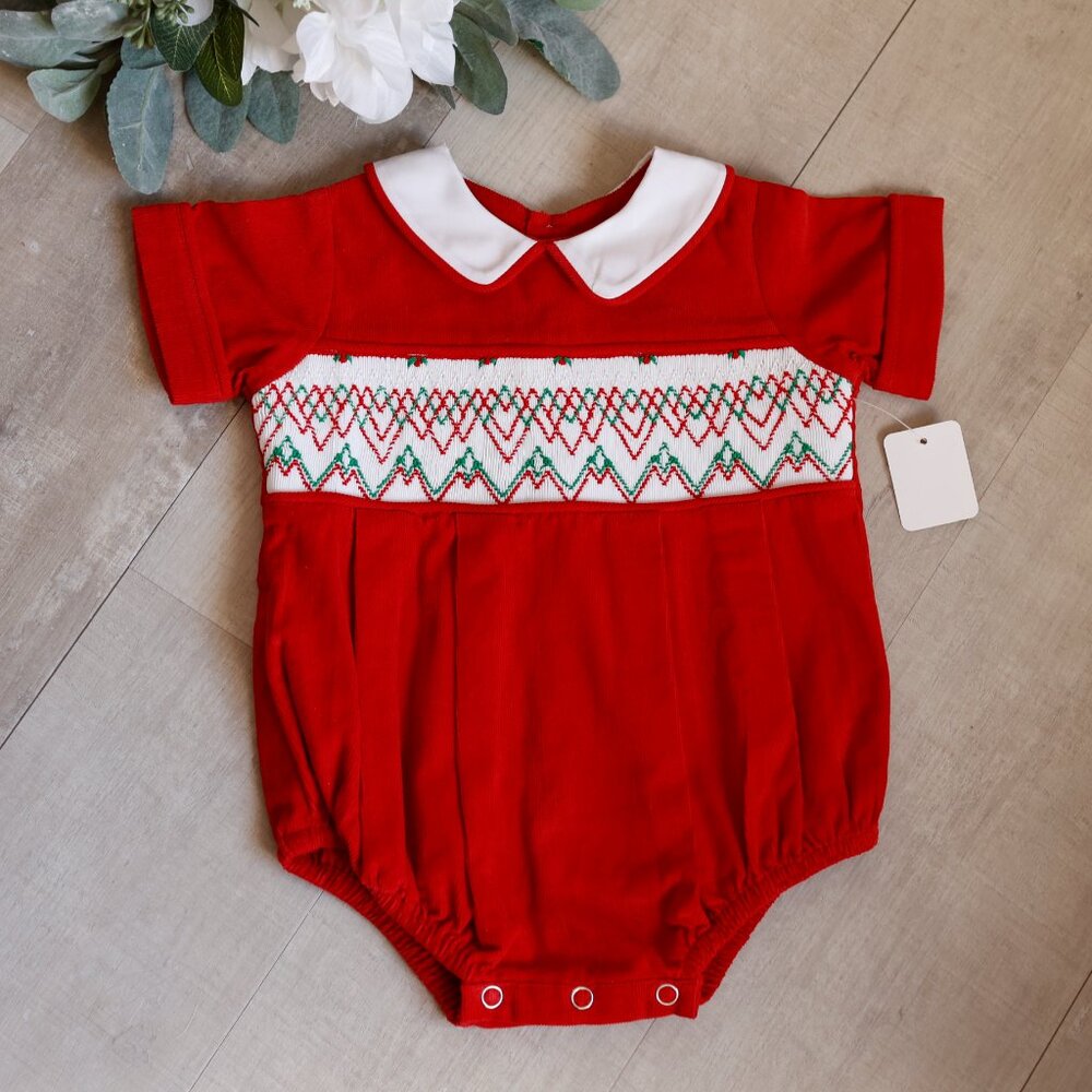 Boys Smocked Red Romper Pinwale Corduroy Boutique 6 Months NWT